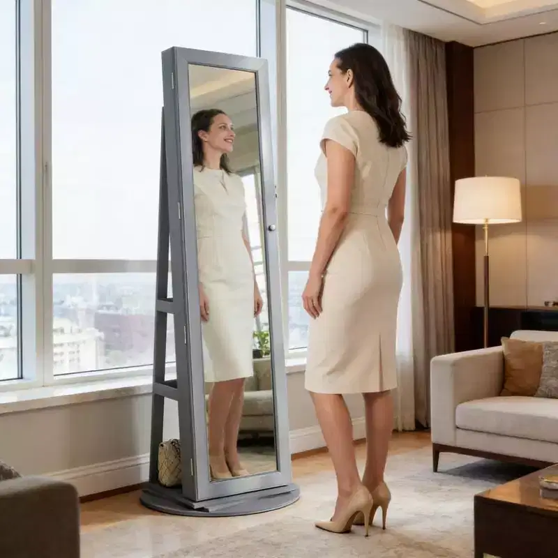 360 Swivel Full Length Mirror with Stable Rotating Base, Standing Mirror with Jewelry Cabinet for Entryway, Living Room, Bedroom