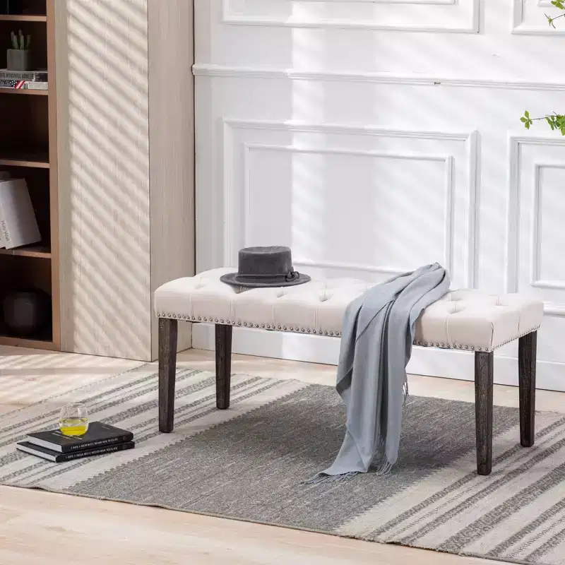 EHMKNP Elegant Upholstered Tufted Velvet Bench  Decorative Dining Bench, Bedroom Accent Stool, Entryway Seating with Wooden Legs