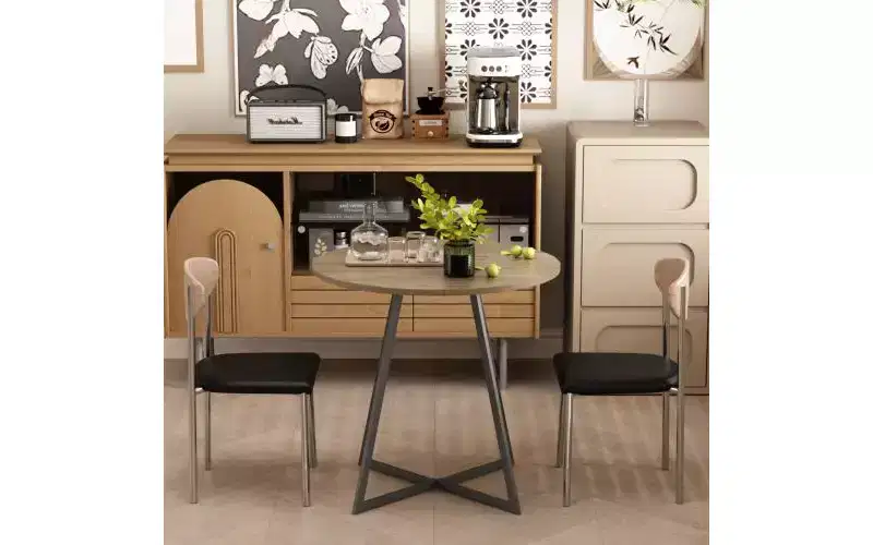 31.5 Round Dining Table, Small Kitchen Table with Black Metal Legs for 2 to 4 People, Brown
