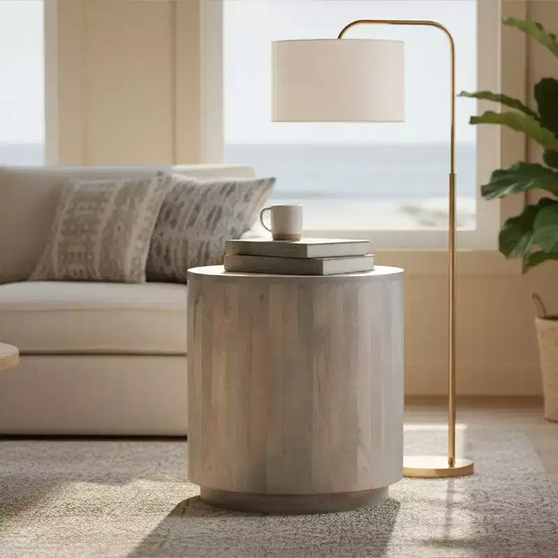 Royal Hampton Side End Accent Table, 20 Inch Round Top, Cylindrical Plinth Base, Oak White Mango Wood