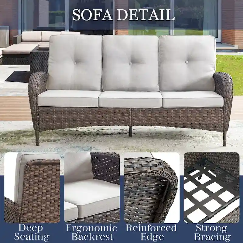 Rattan Sofa Couch with Swivel Rocking Chairs, Ottomans - Brown
