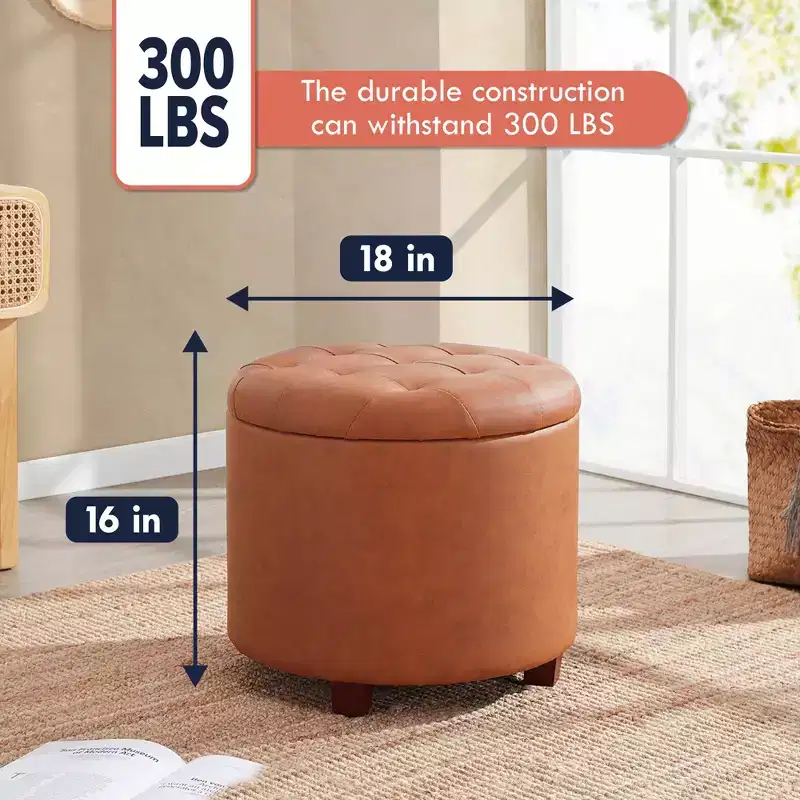 Faux Leather Round Tufted Storage Ottoman with Wooden Legs, Living Room Footrest