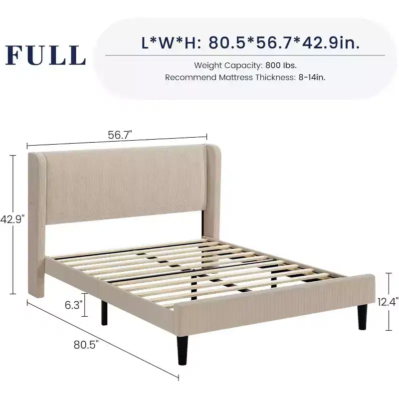 Full Bed Frame with Headboard and Wingback, Vertical Stripe Velvet Upholstery, 2 Storage Pockets, Wood Slat Support, Beige