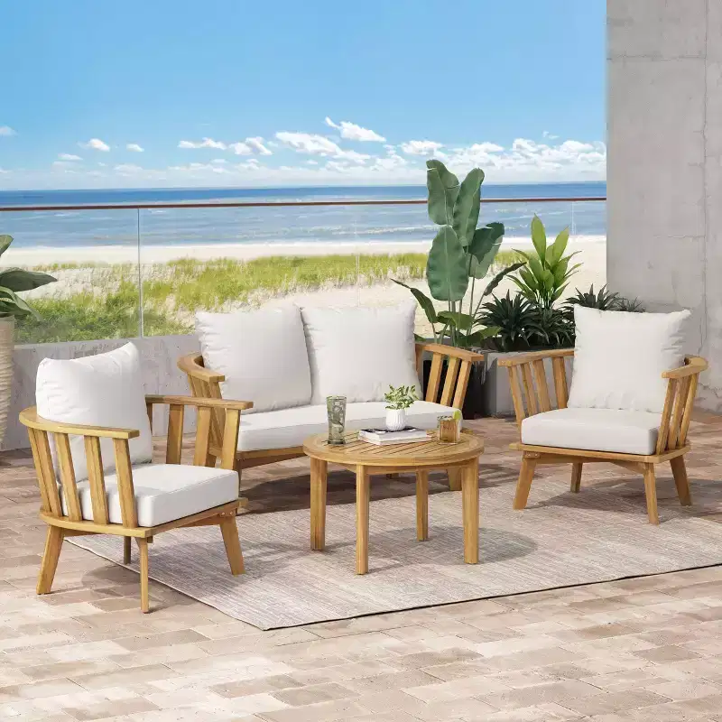 Solano 5pc Outdoor Wooden Chat Set with Round Coffee Table - White/Teak - Christopher Knight Home: Acacia Wood, UV & Water-Resistant