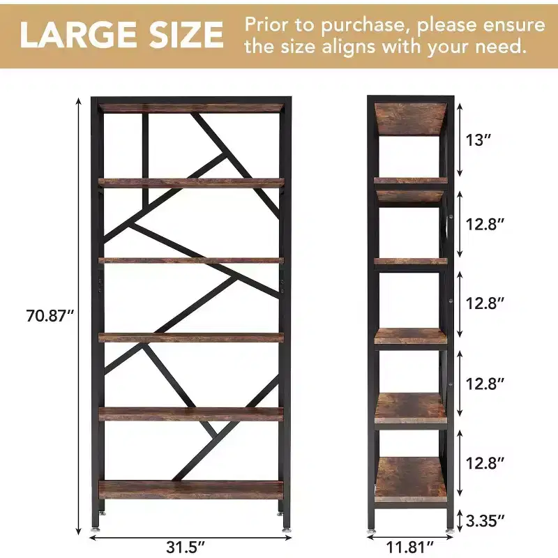 Lantine 71-Inch Industrial Bookshelf, 6 Shelf Etagere Bookcase, Free Standing Open Storage Display Shelf for Bedroom, Home Office, Living Room
