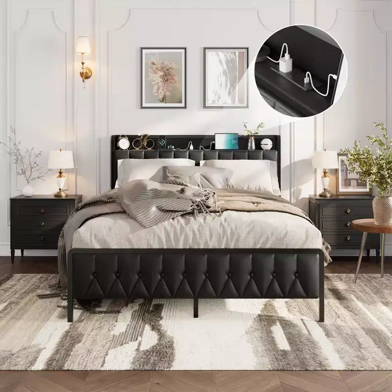 Full Size Bed Frame with PU Faux Leather, Button Headboard with Charging Station, All-Metal Full Platform Bed Frame with Storage, Black