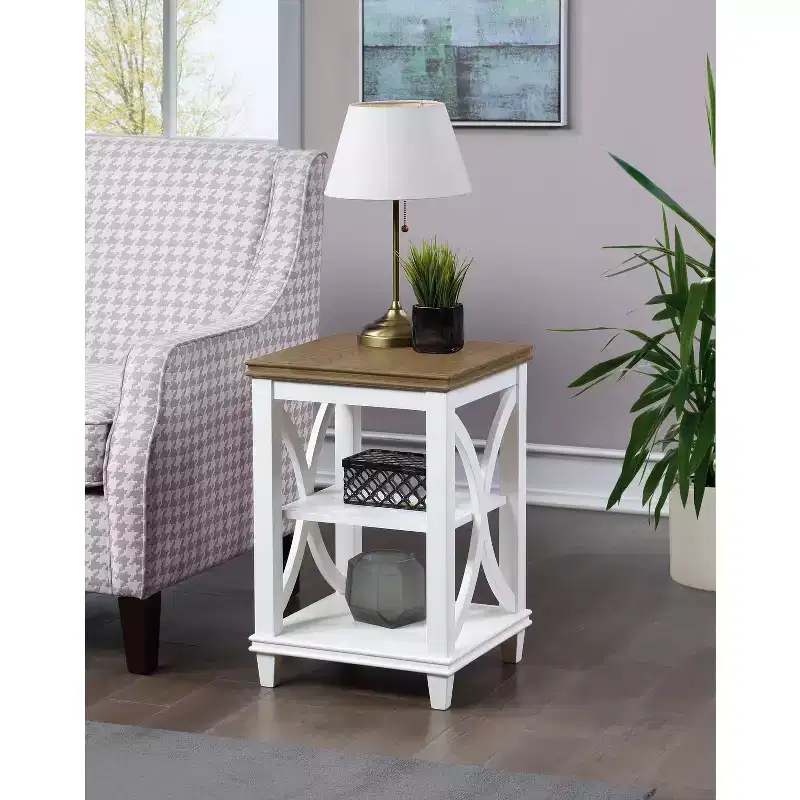 HomeStock Belmont End Table with Shelves Italian Inspired X-Side Design Two-Tier Storage Solid Rubberwood with Oak Veneer Accent Table