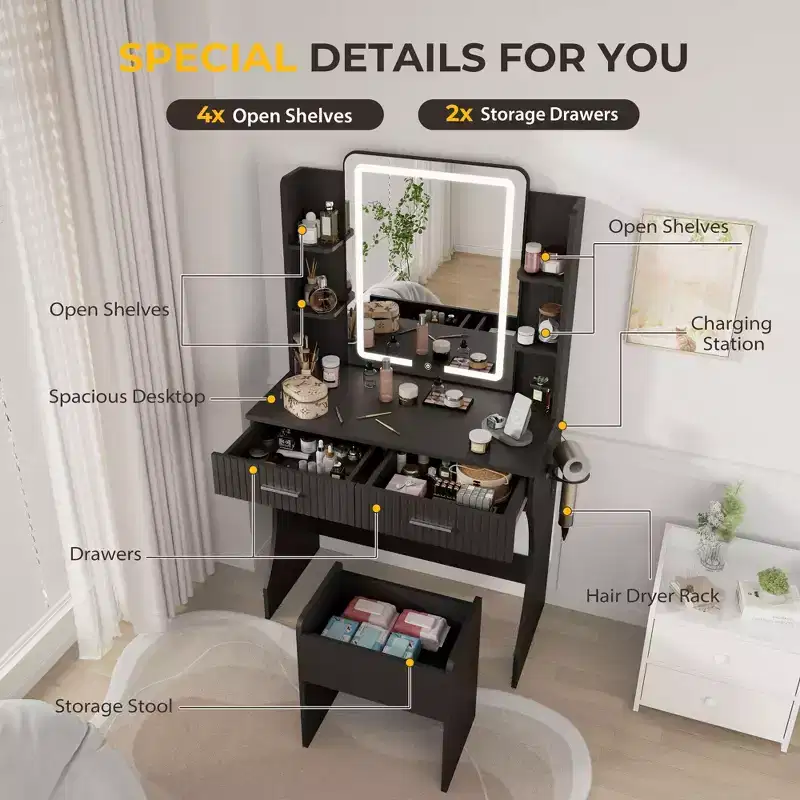 Makeup Vanity with LED Lighted Mirror, Vanity Desk with 3 Adjustable Lights, White Vanity with Storage Stool for Bedroom