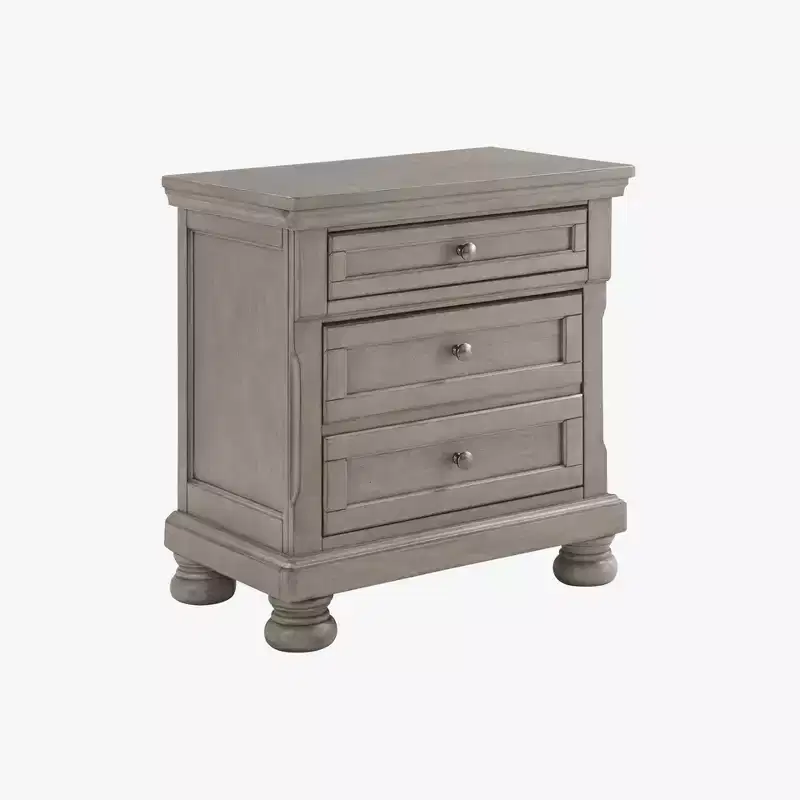 Two Drawer Nightstand Light Gray – Inlaid Panels, Bun Feet, Silvertone Hardware