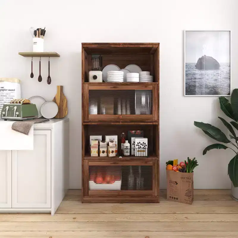 CLIHOME Bookcase Closed Back Glass Doors Office Storage Cabinet Freestanding Low Cabinet Bookcase Against Wall Dustproof Bookshelf