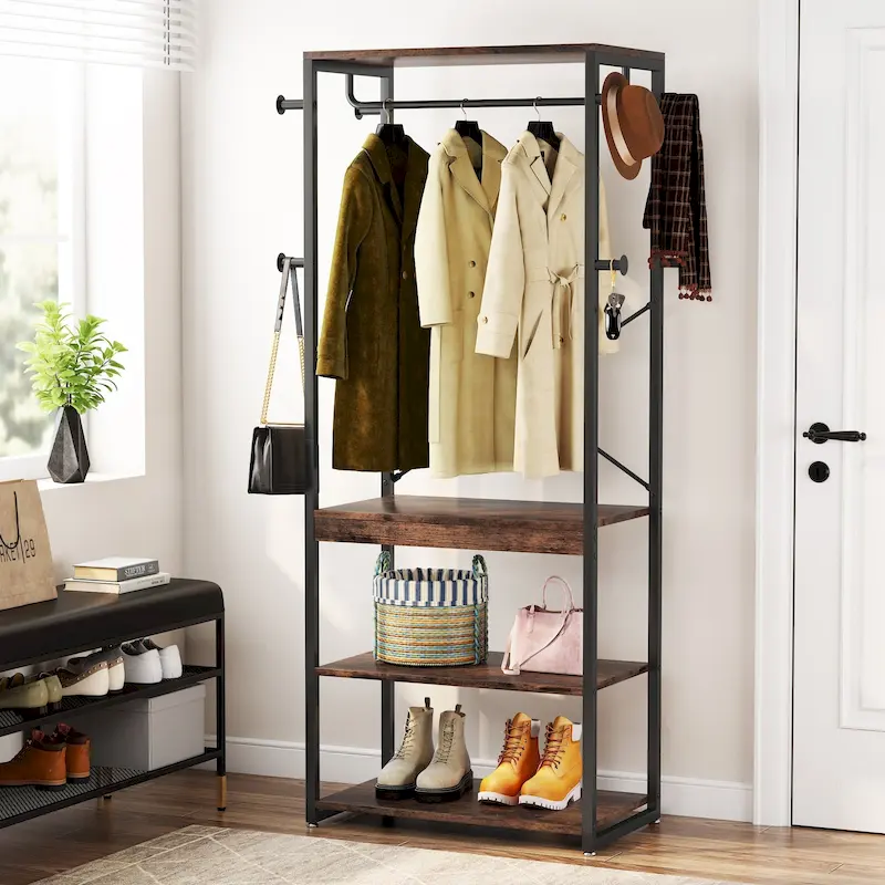 Freestanding Coat Rack with Shelves, 4 Shelves and 8 Hooks