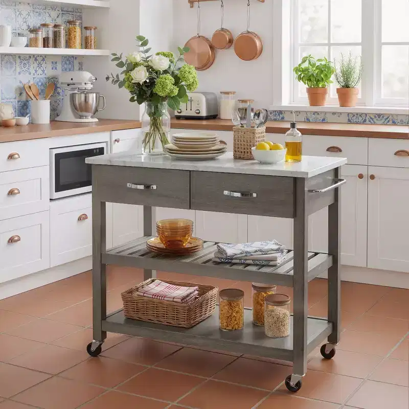 Rolling Kitchen Cart with Marble Top Solid Wood Kitchen Island Cart with 2 Drawers 3-Tier Kitchen Trolley with Lockable Detachable Wheels & Towel Rack