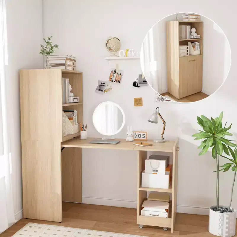 Extendable Desk with Storage Shelves & Casters, Foldable Design, Burlywood