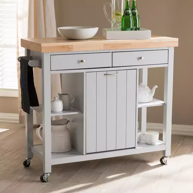 HomeStock 35 in.H Rubberwood Kitchen Carts with 1 Door and 4 Shelves