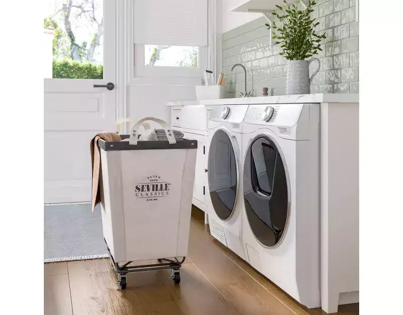 Natural White Commercial Rolling Canvas Laundry Room Hamper, 22D x 16W x 27H