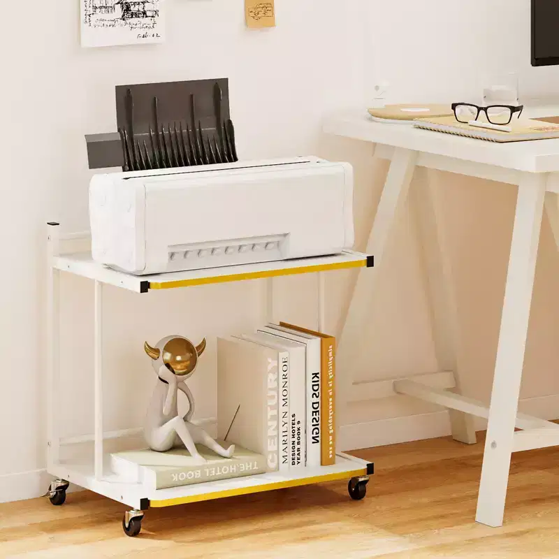 Costway 2PCS Mobile Side Table w/Open Shelves Golden Trimmed Edges Lockable Wheels