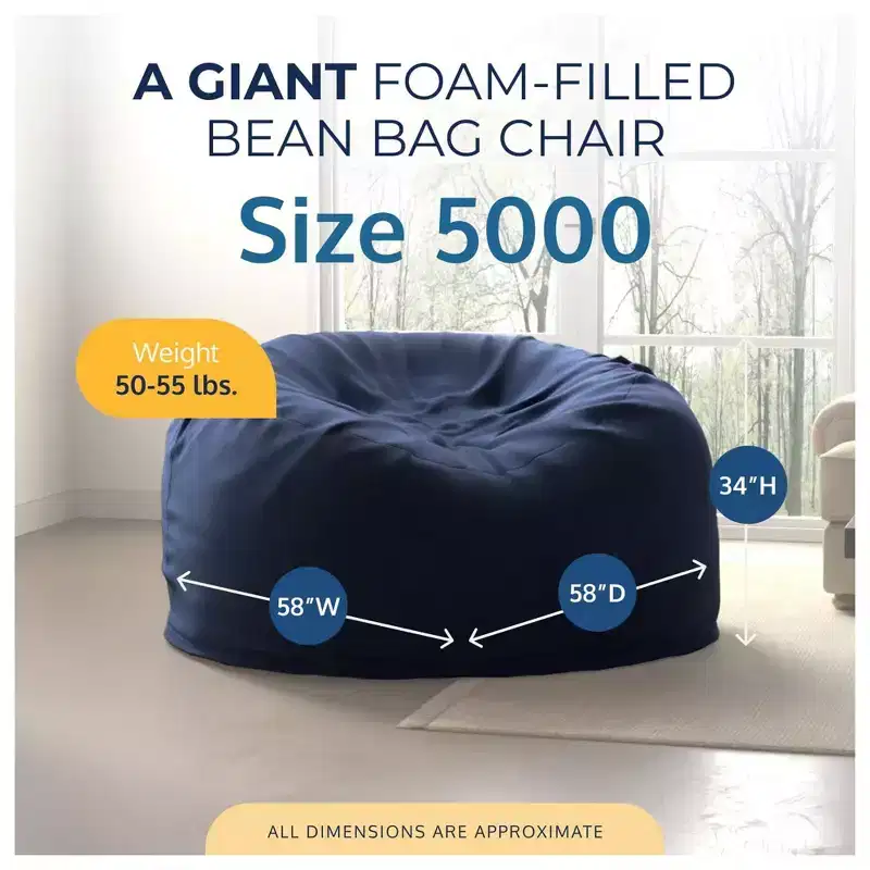 Ultimate Sack 5 Foot Foam Filled Washable Fur Covered Bean Bag Chair, Navy