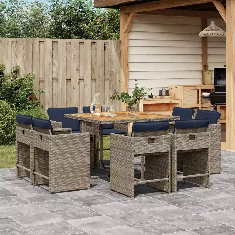 vidaXL Patio Dining Set Set of 8 Grey Poly rattan 8-seat Collapsible