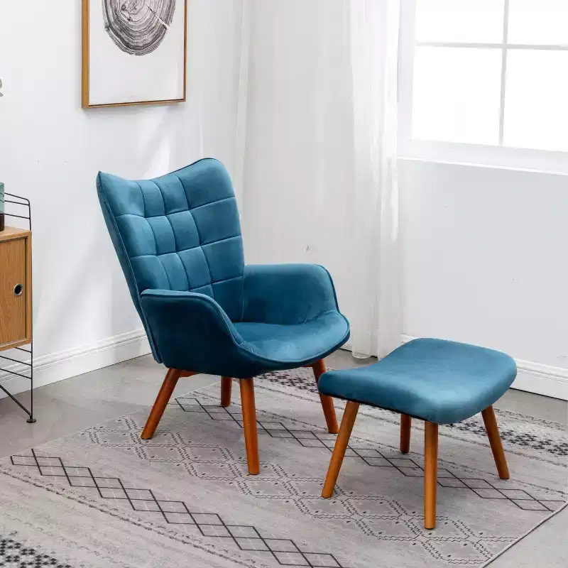Roundhill Furniture Leiria Contemporary Silky Velvet Tufted Accent Chair with Ottoman, Blue