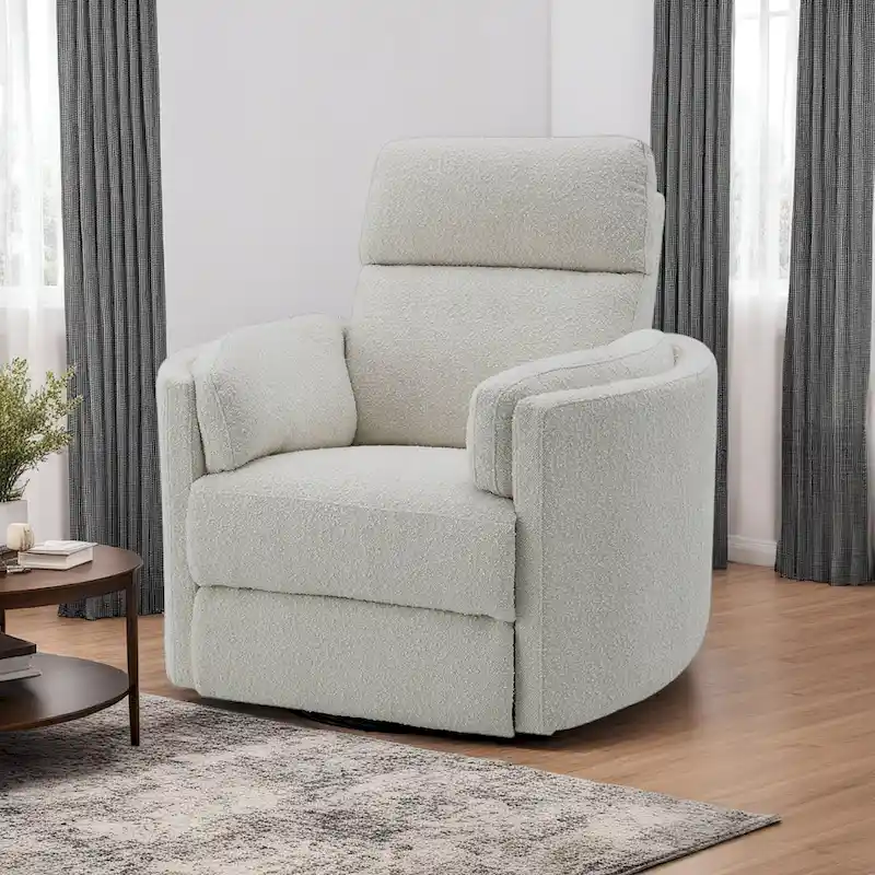 Swivel Glider Recliner Chair with Beige Boucle Upholstery and Pocket Coil Seat