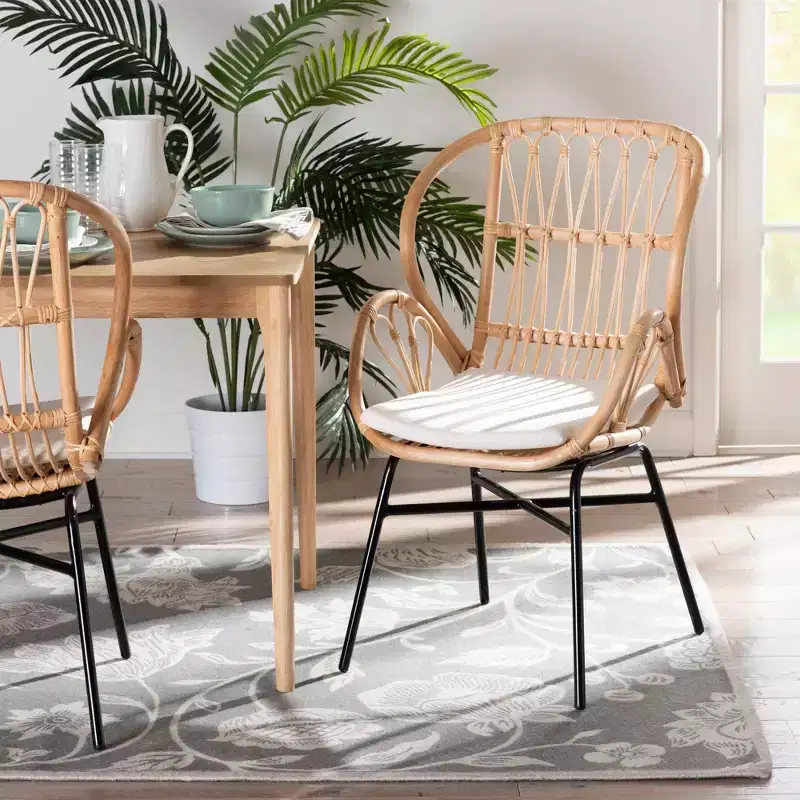 Rattan and Metal Chair Natural/Brown, Bohemian Style, Plush Cushion, Sturdy Crisscross Base, Armless, Spot Clean