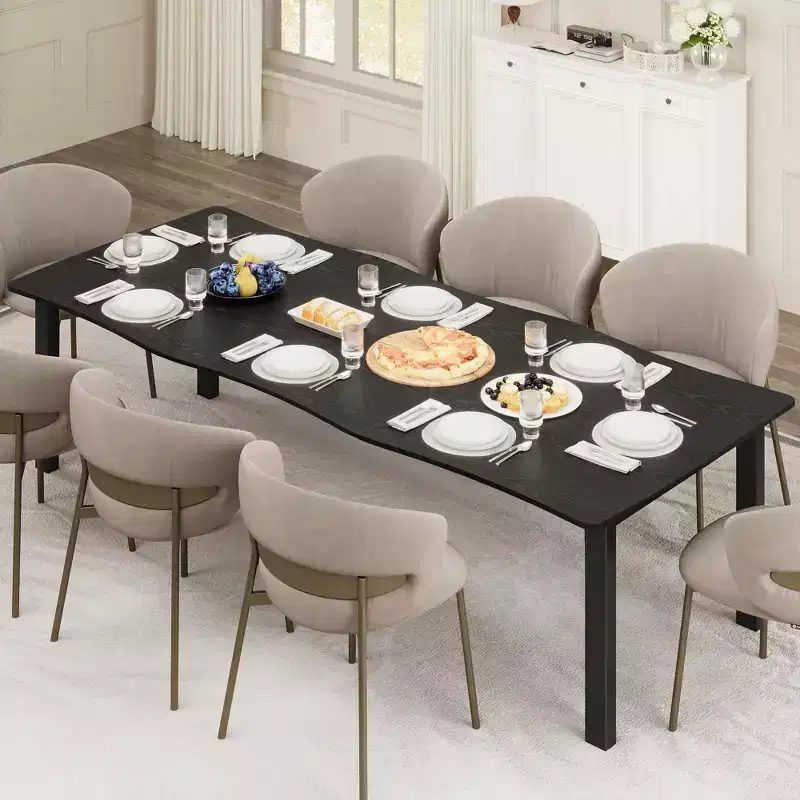 Dining Table for 6-8 People, Rustic Wave Irregular Edge Table with Thick MDF Top & Metal Frame, Waterproof Scratch-Resistant