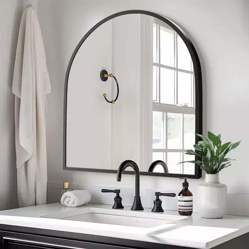 1-Piece 30 In.H x 27 In.W Aluminum Alloy Thin Edged Right Angled Arch Black Hanging Mirror Wall Mirror