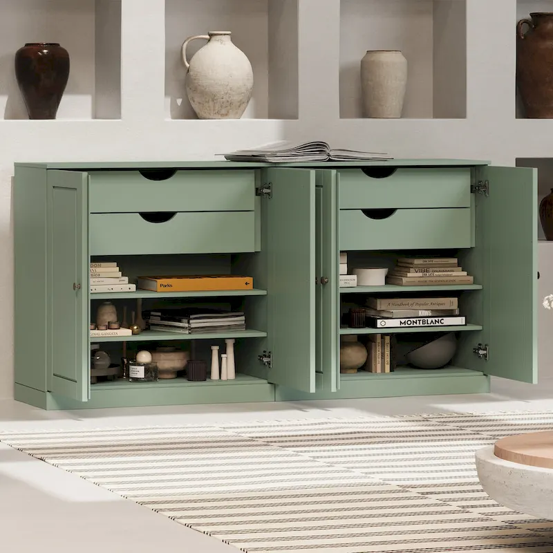 100% Solid Wood 64 Sideboard with Solid Doors, 4-Drawers and Adjustable Shelves