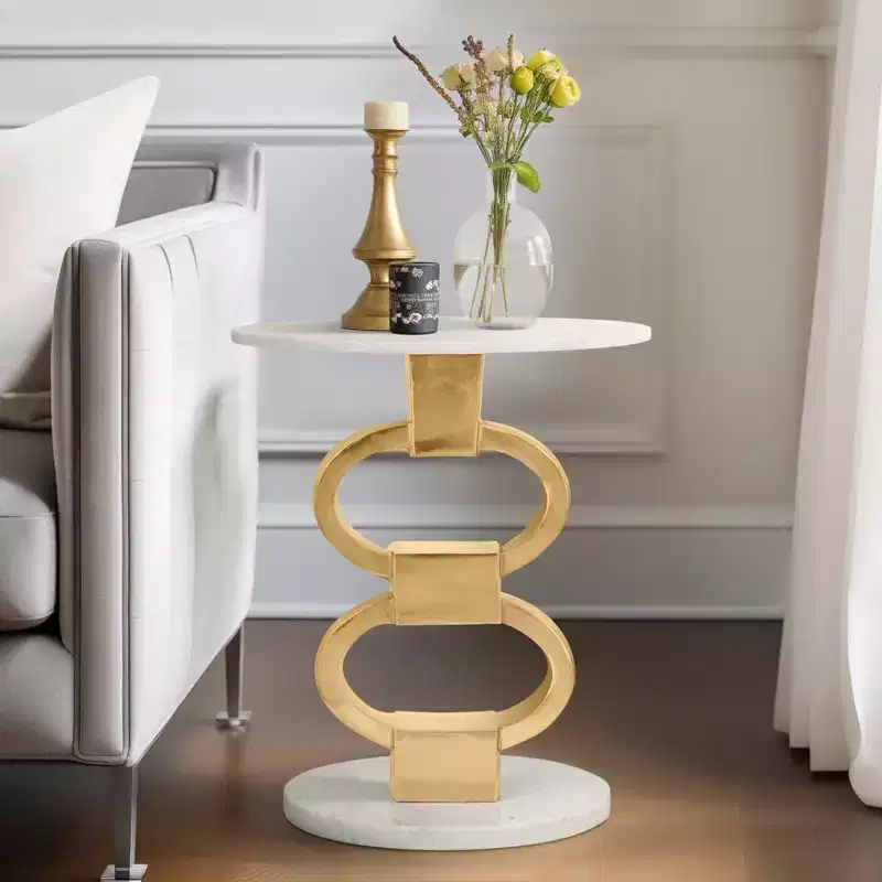 Modern Accent Side Table with White Marble Top and Sculptural Metal Base - Contemporary Round Accent End Table for Any Home Decor- 24, White and Gold