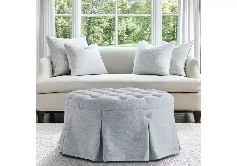Tufted Round Cocktail Ottoman with Pleated Skirt – 32
