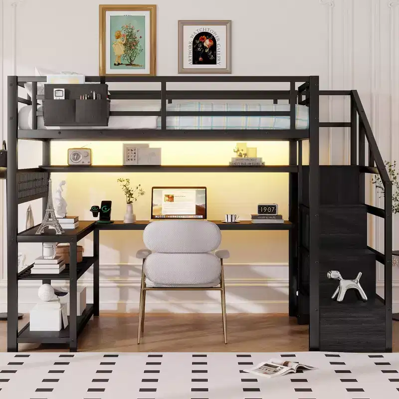 TUYOHW Full Size Loft Bed with Storage Staircase & Wardrobe,Metal Loft Bed with Desk,Storage Shelves,Charge Station,LED Lights for Teens & Adults