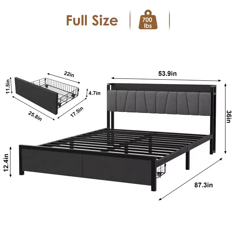 Queen Size Bed Frame with Upholstered Headboard, Storage Drawers and Charging Station