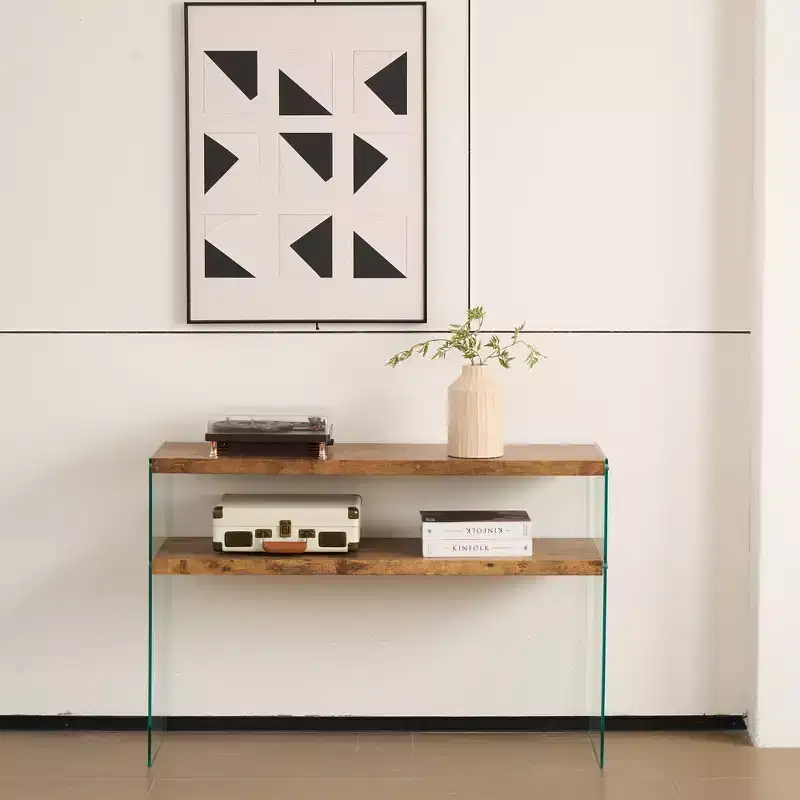 Modern Wood and Tempered Glass Console Table with Open Shelf