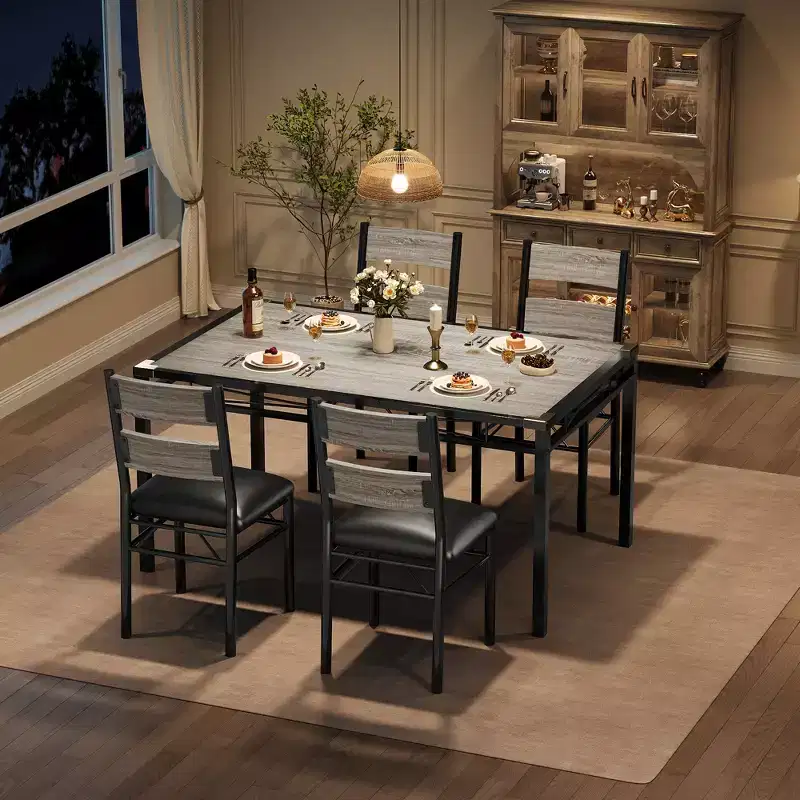 Dining Room Table Set for 4 with Corner Protector, Wood Kitchen Table and Chairs Set of 4 with Upholstered Chairs for Kitchen Room Apartment, Gray