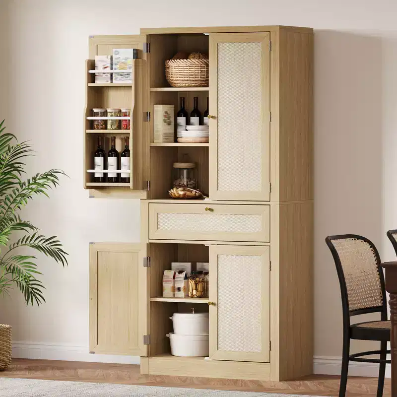 70 in Tall Rattan Pantry Cabinet with 1 Drawer, 2 Cabinets and Adjustable Shelves, for Kitchen, Living Room, Laundry Room