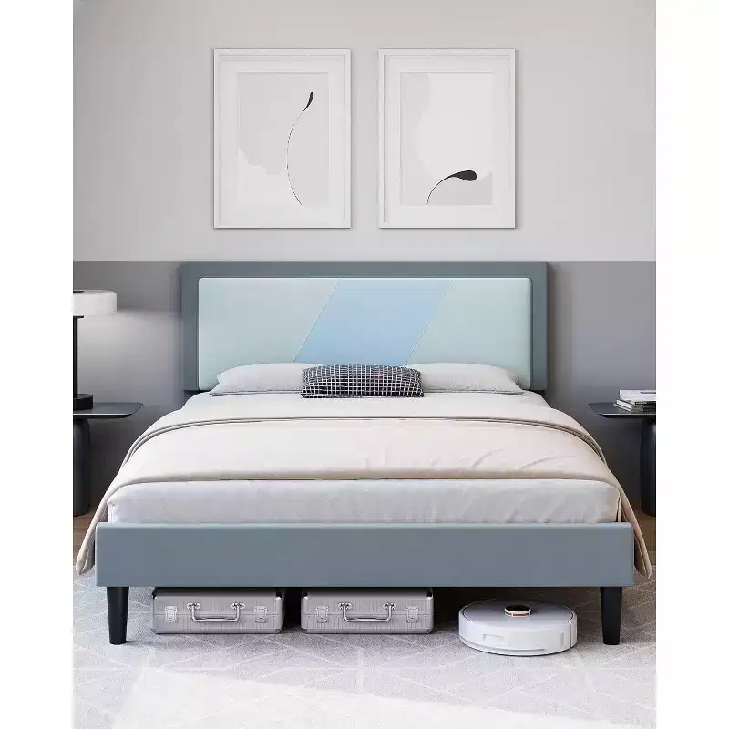 Full Size Bed Frame, Tufted Platform Bed Frame with Adjustable Height Headboard, Velvet Mix Color Upholstered Bed Frame