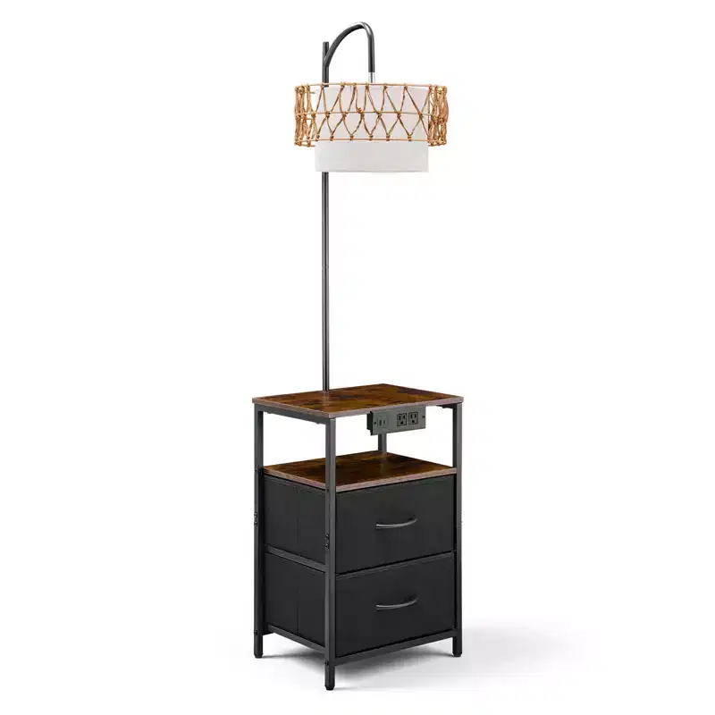 VEVOR Floor Lamp with Table, 2-Tier End Table with 2 Drawers and 3 Color Temperature LED Bulb,Modern Side Nightstand Bedside Desk with USB,Brown&Black