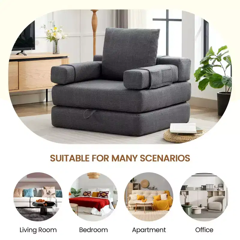 Fold-Down Convertible Sleeper Sofa Chair with Removable Armrests & Washable Cover
