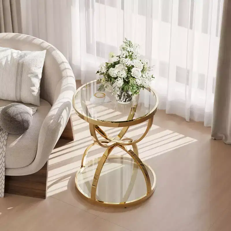 Leda 19.69'' Modern Glass Side Table with 2 Tiers, Ring-Shaped Frames