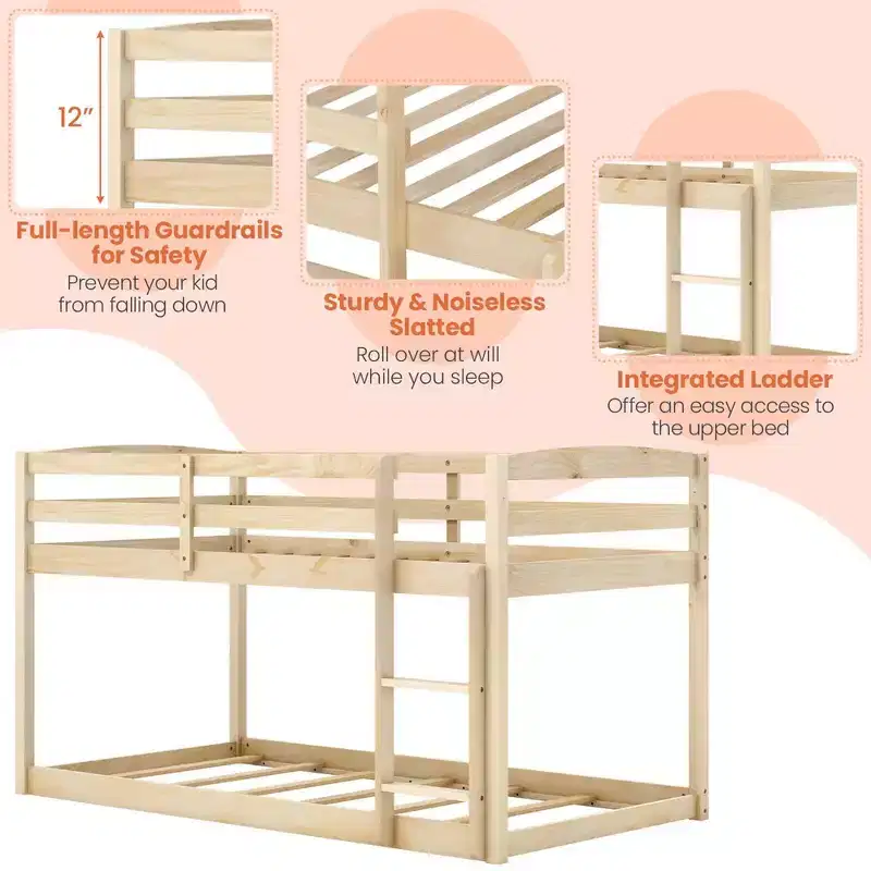 Costway Twin over Twin Low Bunk Bed with Guardrails Integrated Ladder Kids Wooden Grey/White/Beige/Pink