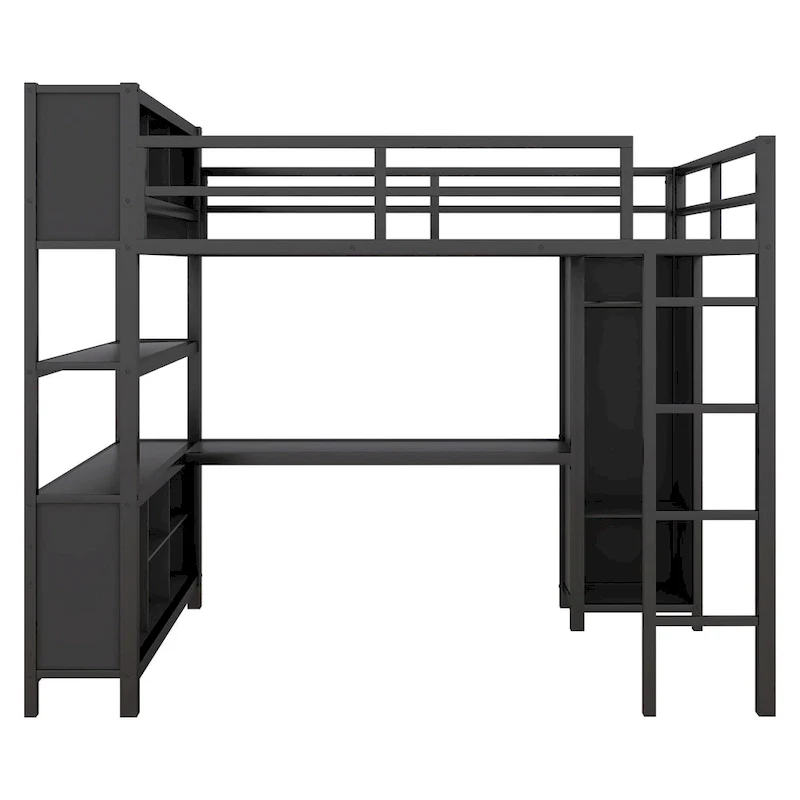 Metal Loft Bed with Wardrobe And L-shaped Desk