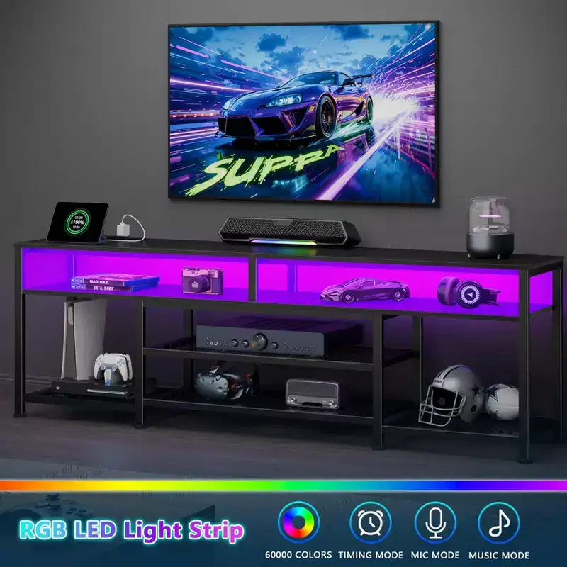 71 Inch Black TV Stand with Charging Station LED Lights Entertainment Center for TVs up to 80 Inch Media Console Storage Modern Living Room Bedroom