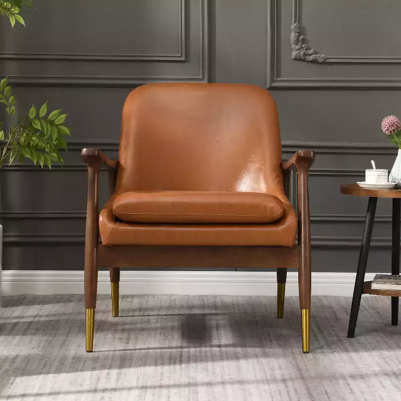 29.2-Inch Mid-Century Faux Leather Accent Chair with Cushioned Seat, Solid Wood Frame, for Lounge