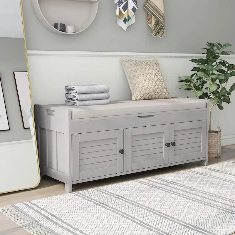 Farmhouse 3-Door Upholstered Shoe Bench with Removable Cushion and Hidden Storage Space