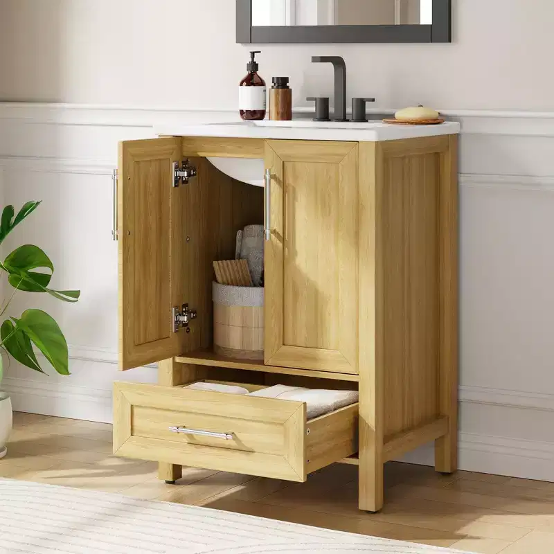 Modern Freestanding Bathroom Vanity with Ceramic Single Basin - Easy Assembly Storage Cabinet with Soft-Close Doors and Drawer