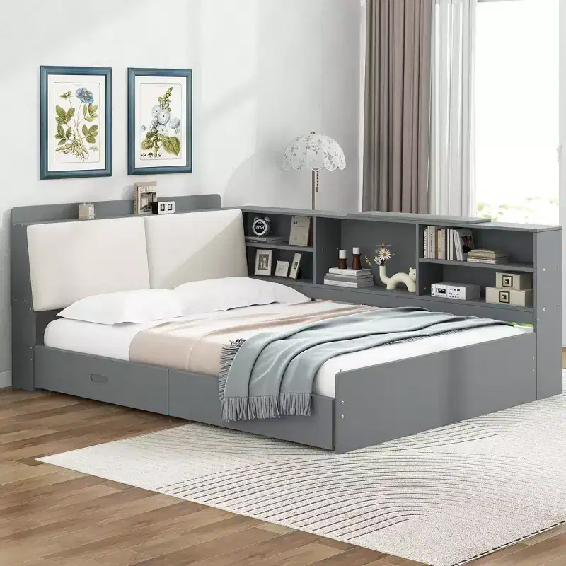 Full Size Platform Bed with Storage Headboard, Shelves and 2 Drawers, Easy Assembly