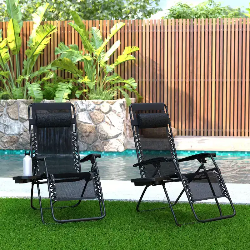 Merrick Lane Set of 2 Folding Mesh Upholstered Zero Gravity Chair with Removable Pillow and Cupholder Tray