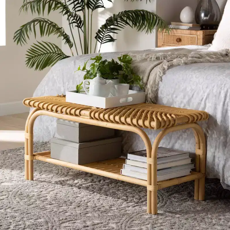 Rattan Accent Bench Natural Brown - Handcrafted, Entryway, Bedroom, Shelf Storage