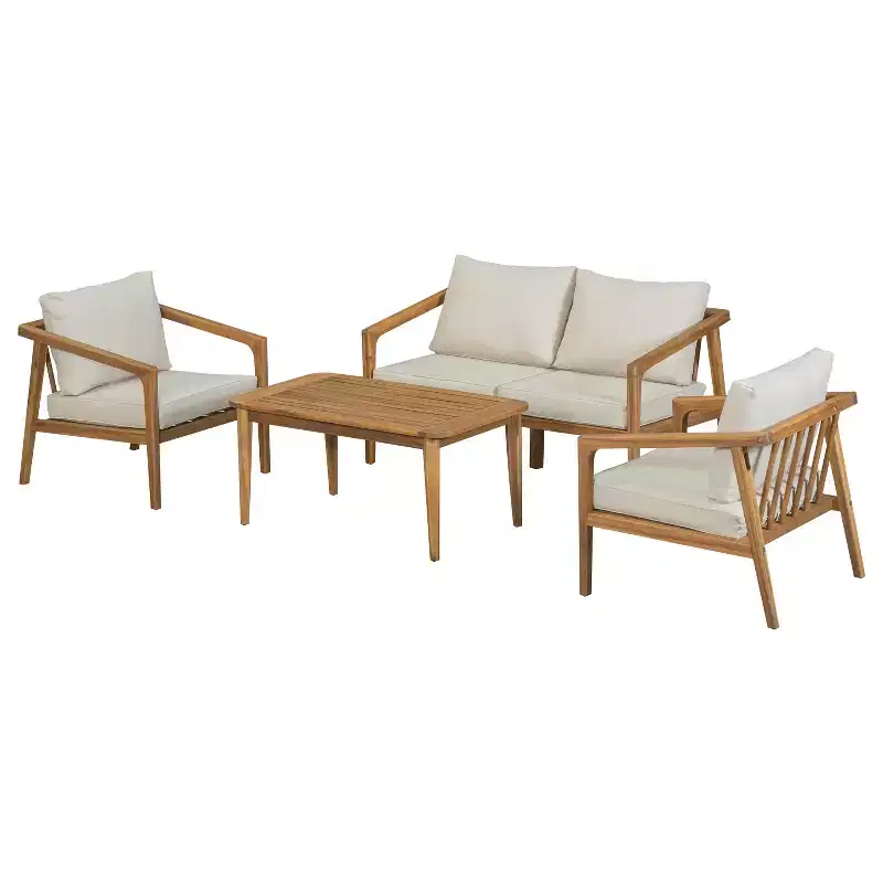 Christopher Knight Home Osborn 4 Piece Outdoor Slat Design Acacia Wood Seating Set with Cushion, Teak/Beige