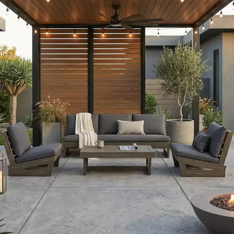 Christopher Knight Home Iman Modern 4 Piece Patio Acacia Seating Set with Cushion and Slatted Coffee Table